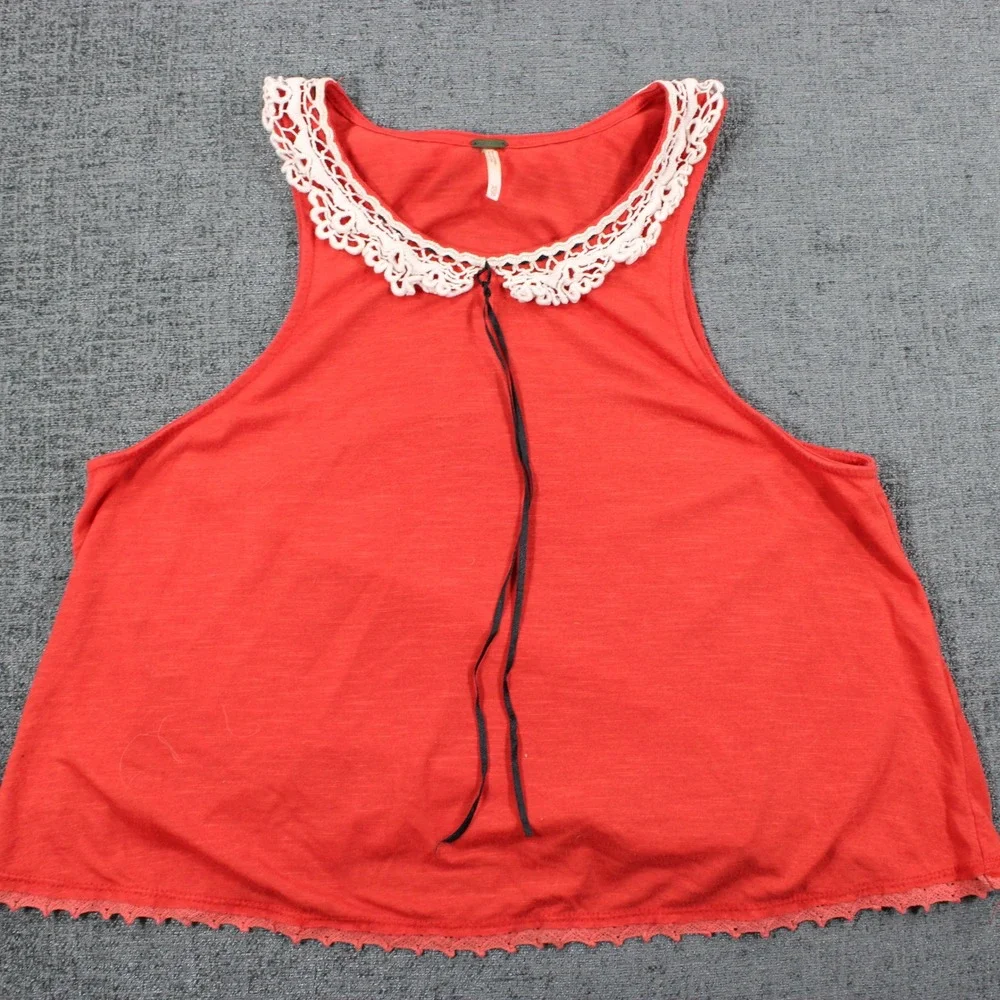 Free People Red Sleeveless Crochet Lace Collar Tie Boho Tank Top XS